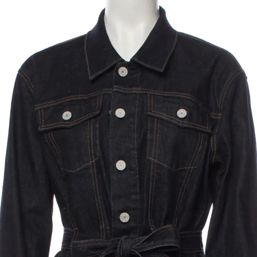 Trave Blue Pointed Collar Flap Pockets Button Closure Belted Denim Jacket Small - Picture 6 of 12